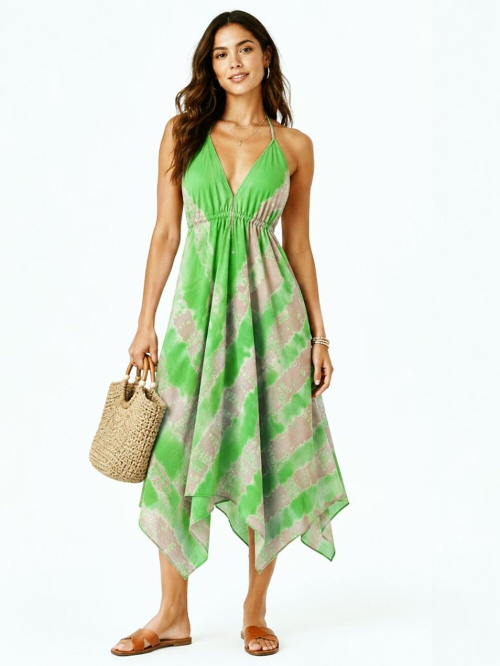 American Connection Green Mocha Tie Dye Handkerchief Dress